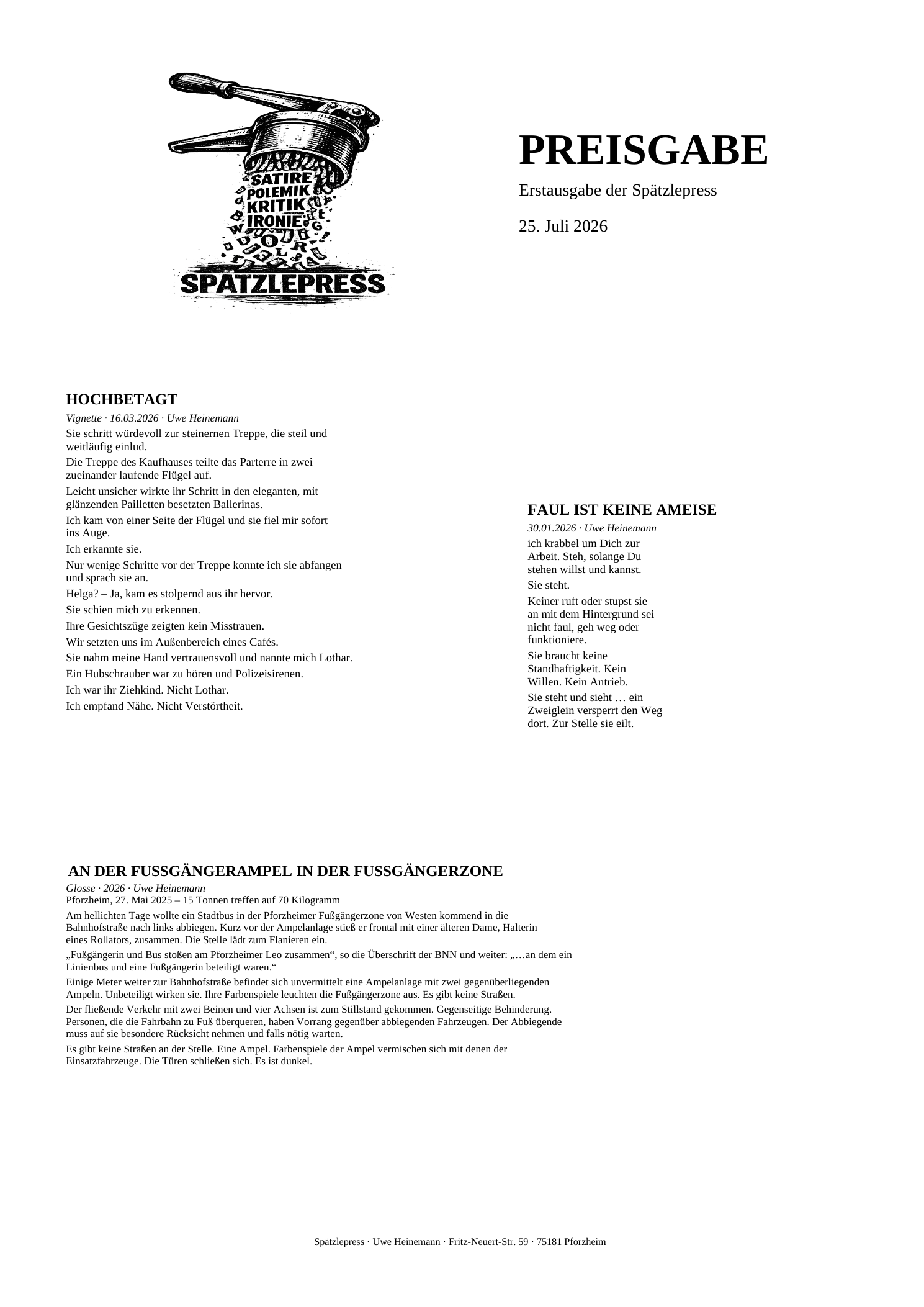 Preisgabe – Erstausgabe der Spätzlepress